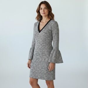 Banana Republic Women’s Sheath Dress Black Gray White Tweed Bell Sleeve V Neck S